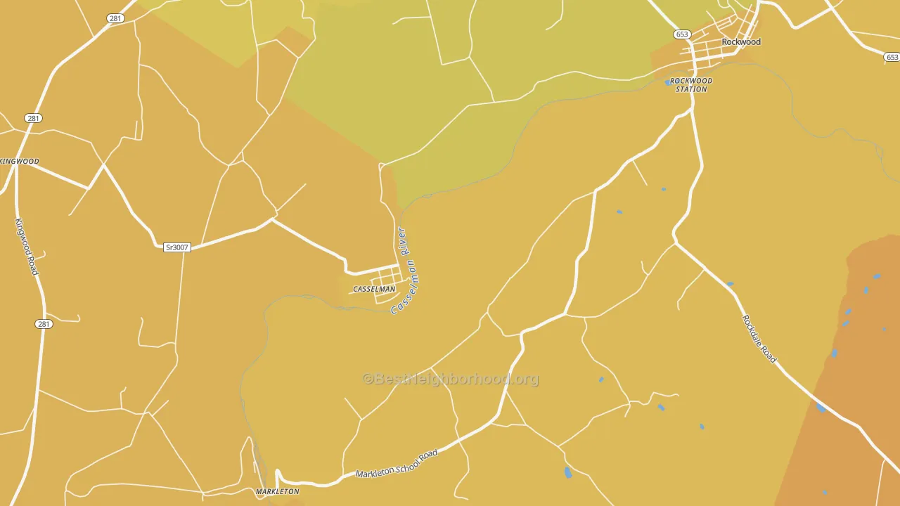 Map of the best neighborhoods in the Casselman area, with better matches in green and worse matches in red