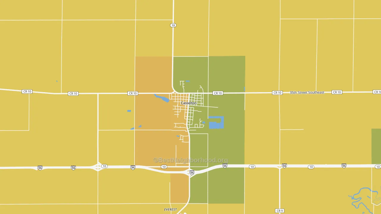 Map of the best neighborhoods in the Casselton area, with better matches in green and worse matches in red