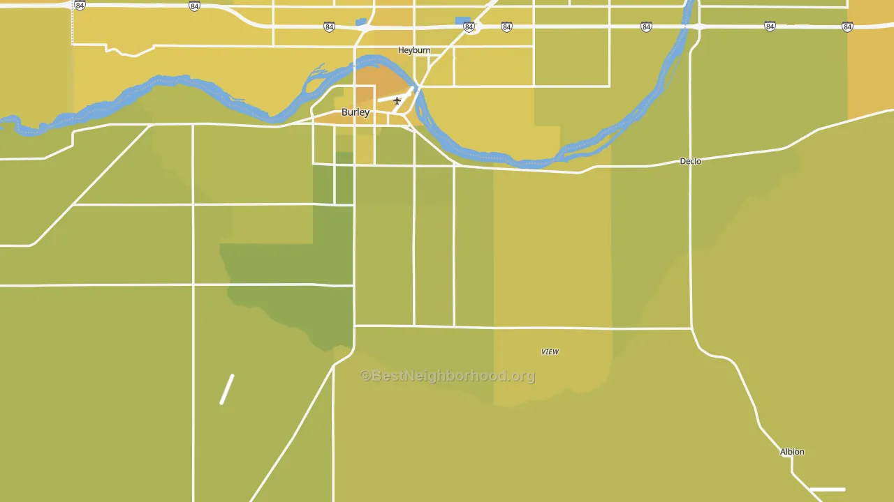 Map of the best neighborhoods in the Cassia County area, with better matches in green and worse matches in red