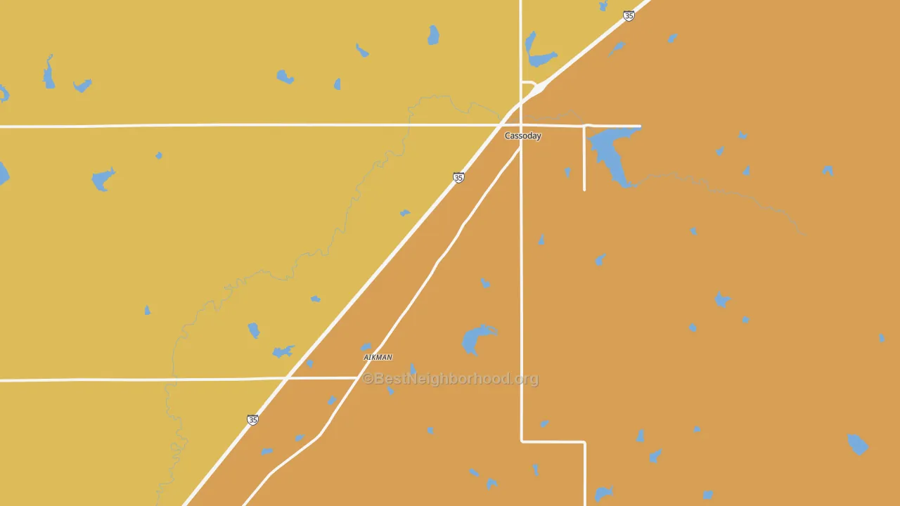 Map of the best neighborhoods in the Cassoday area, with better matches in green and worse matches in red