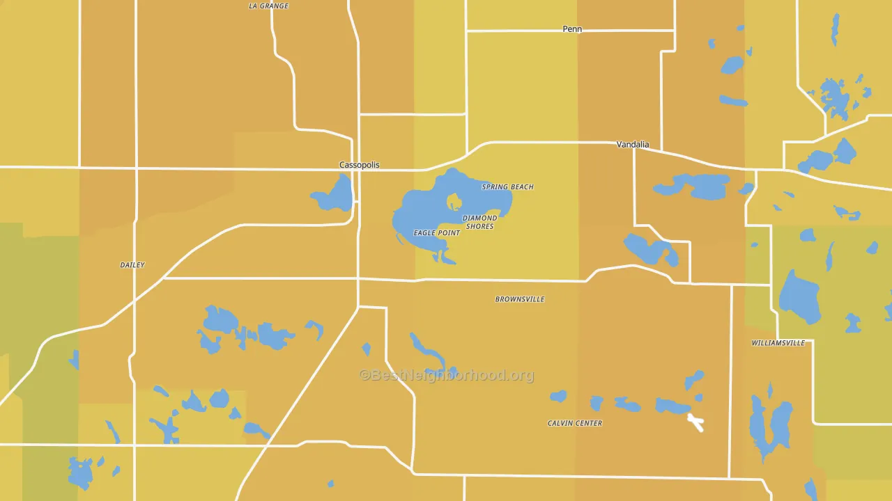 Map of the best neighborhoods in the Cassopolis area, with better matches in green and worse matches in red