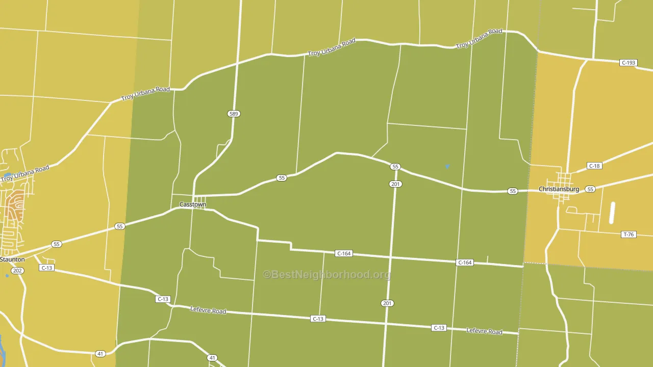 Map of the best neighborhoods in the Casstown area, with better matches in green and worse matches in red