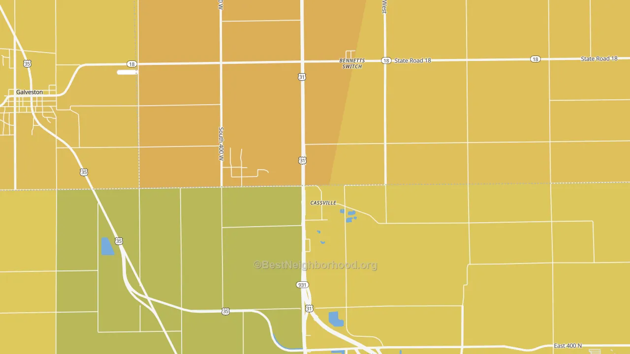 Map of the best neighborhoods in the Cassville area, with better matches in green and worse matches in red
