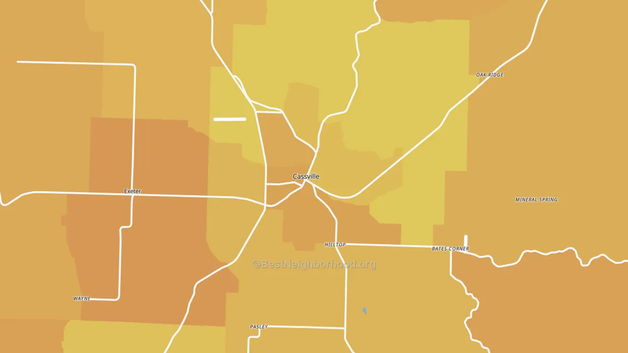 Map of the best neighborhoods in the Cassville area, with better matches in green and worse matches in red