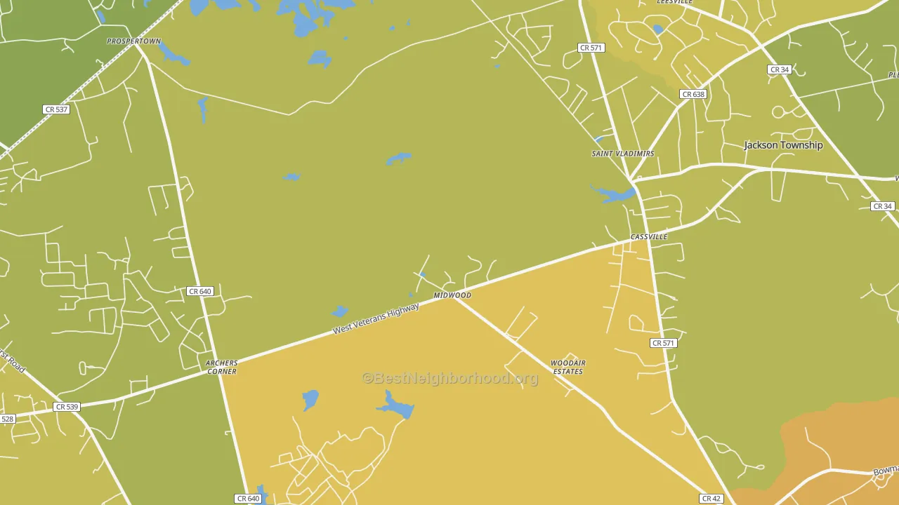 Map of the best neighborhoods in the Cassville area, with better matches in green and worse matches in red