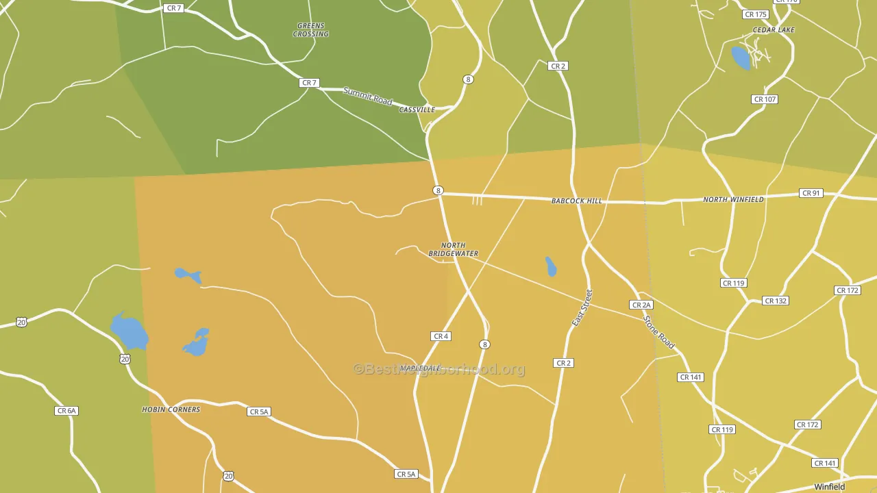 Map of the best neighborhoods in the Cassville area, with better matches in green and worse matches in red