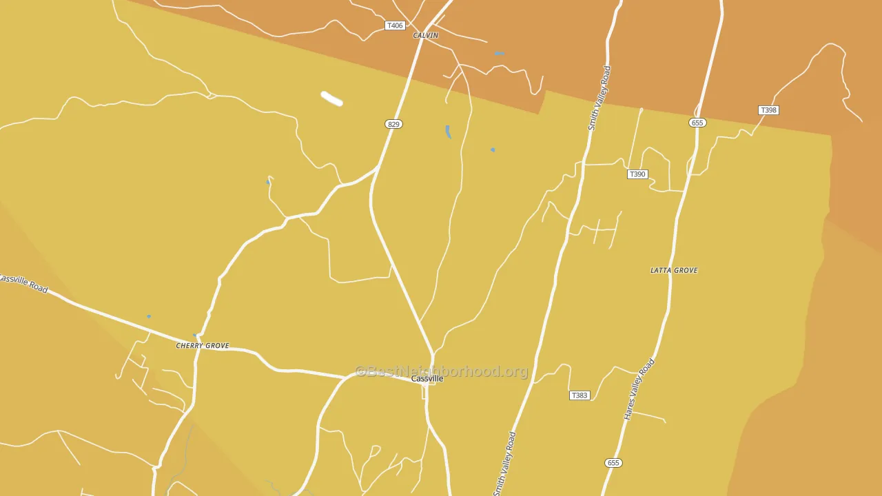 Map of the best neighborhoods in the Cassville area, with better matches in green and worse matches in red