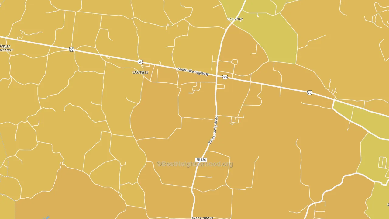 Map of the best neighborhoods in the Cassville area, with better matches in green and worse matches in red