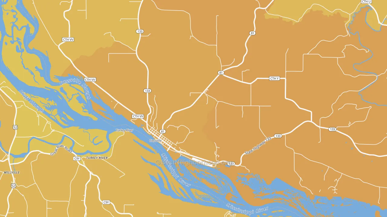 Map of the best neighborhoods in the Cassville area, with better matches in green and worse matches in red