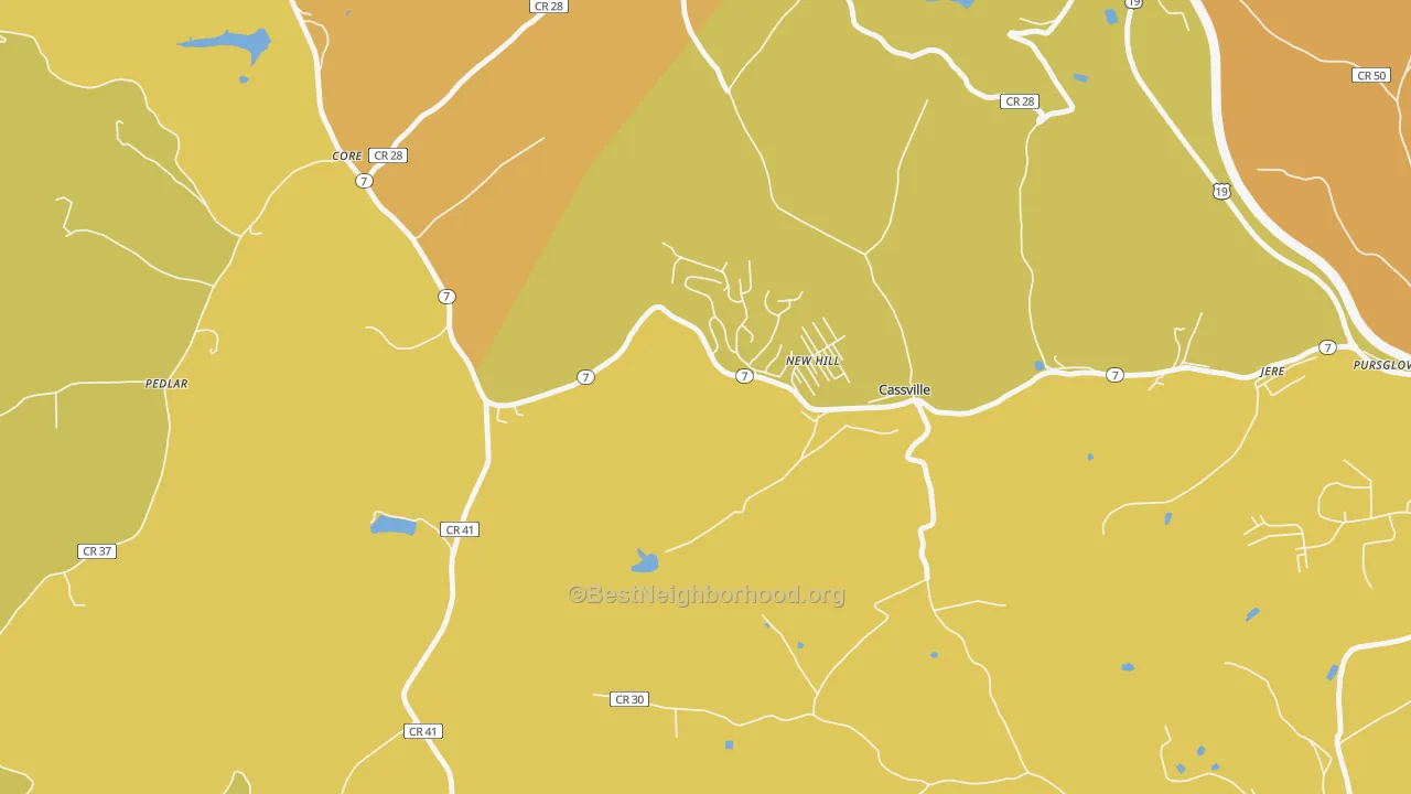 Map of the best neighborhoods in the Cassville area, with better matches in green and worse matches in red