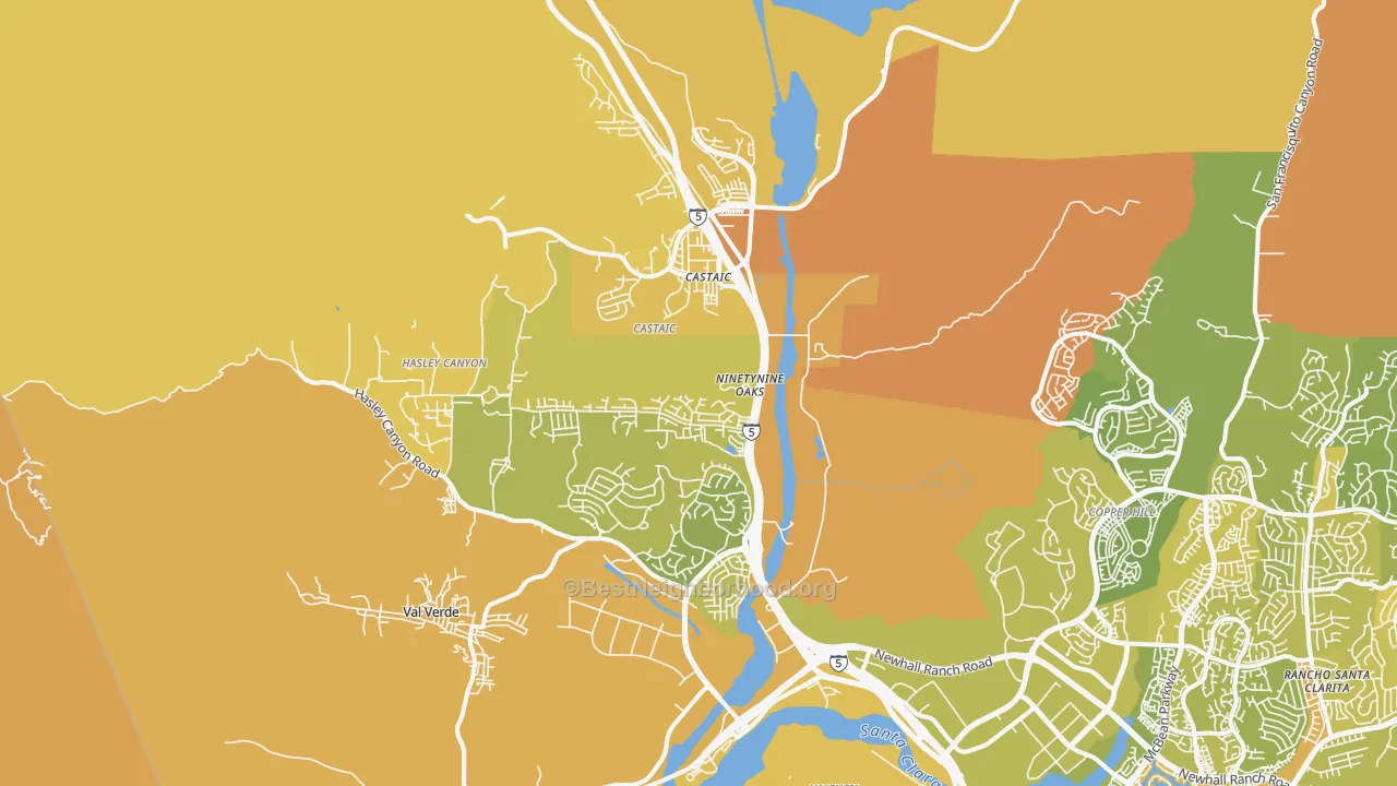 Map of the best neighborhoods in the Castaic area, with better matches in green and worse matches in red