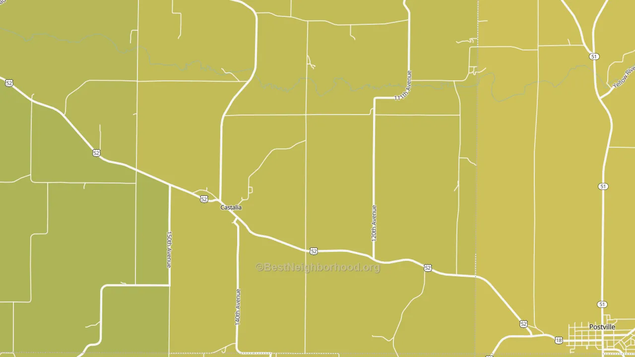 Map of the best neighborhoods in the Castalia area, with better matches in green and worse matches in red