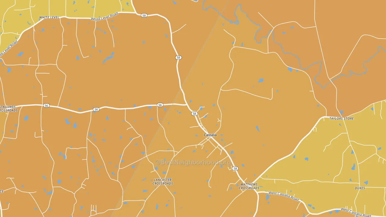 Map of the best neighborhoods in the Castalia area, with better matches in green and worse matches in red