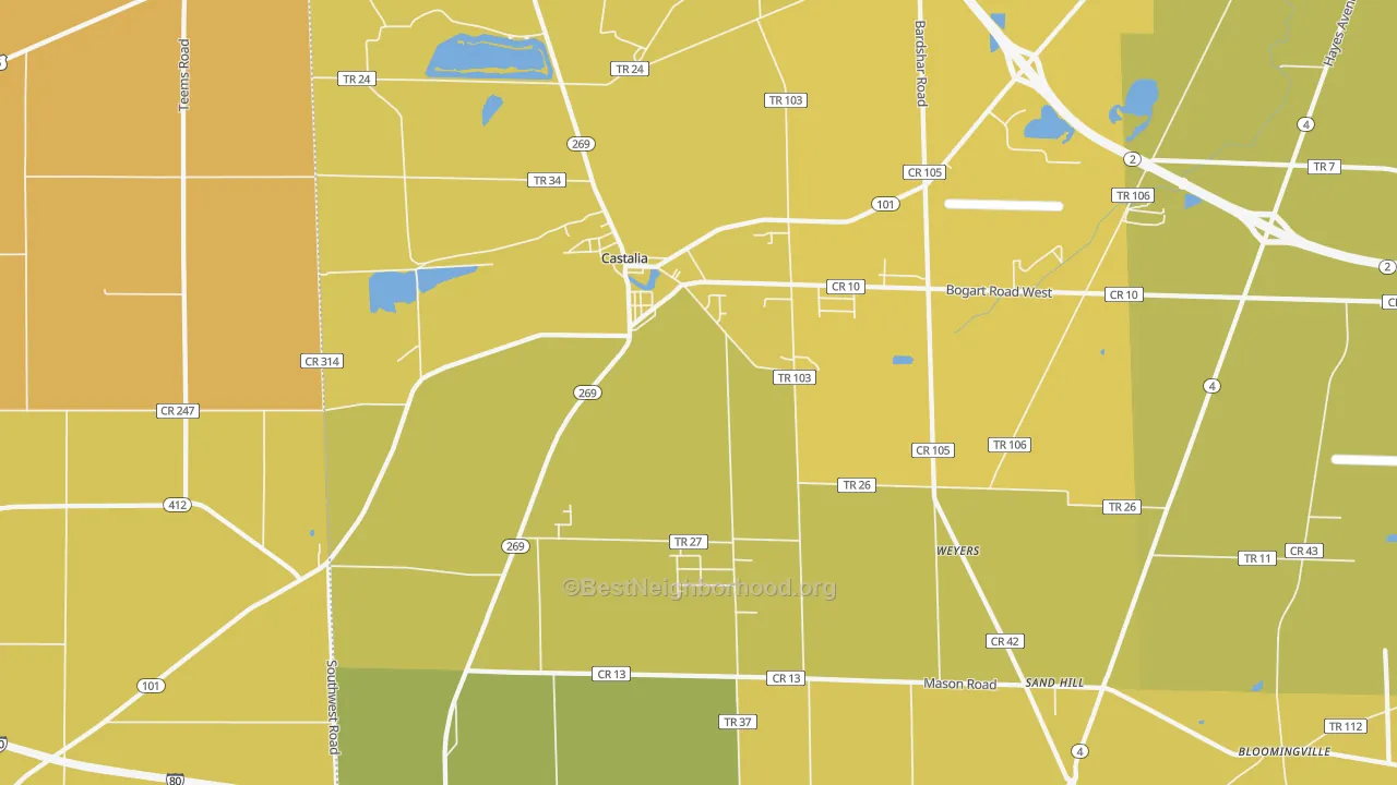 Map of the best neighborhoods in the Castalia area, with better matches in green and worse matches in red