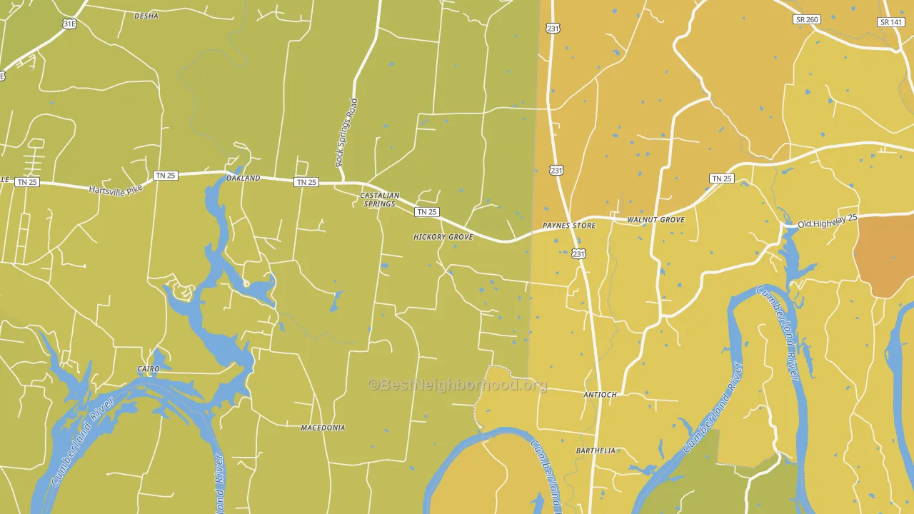 Map of the best neighborhoods in the Castalian Springs area, with better matches in green and worse matches in red