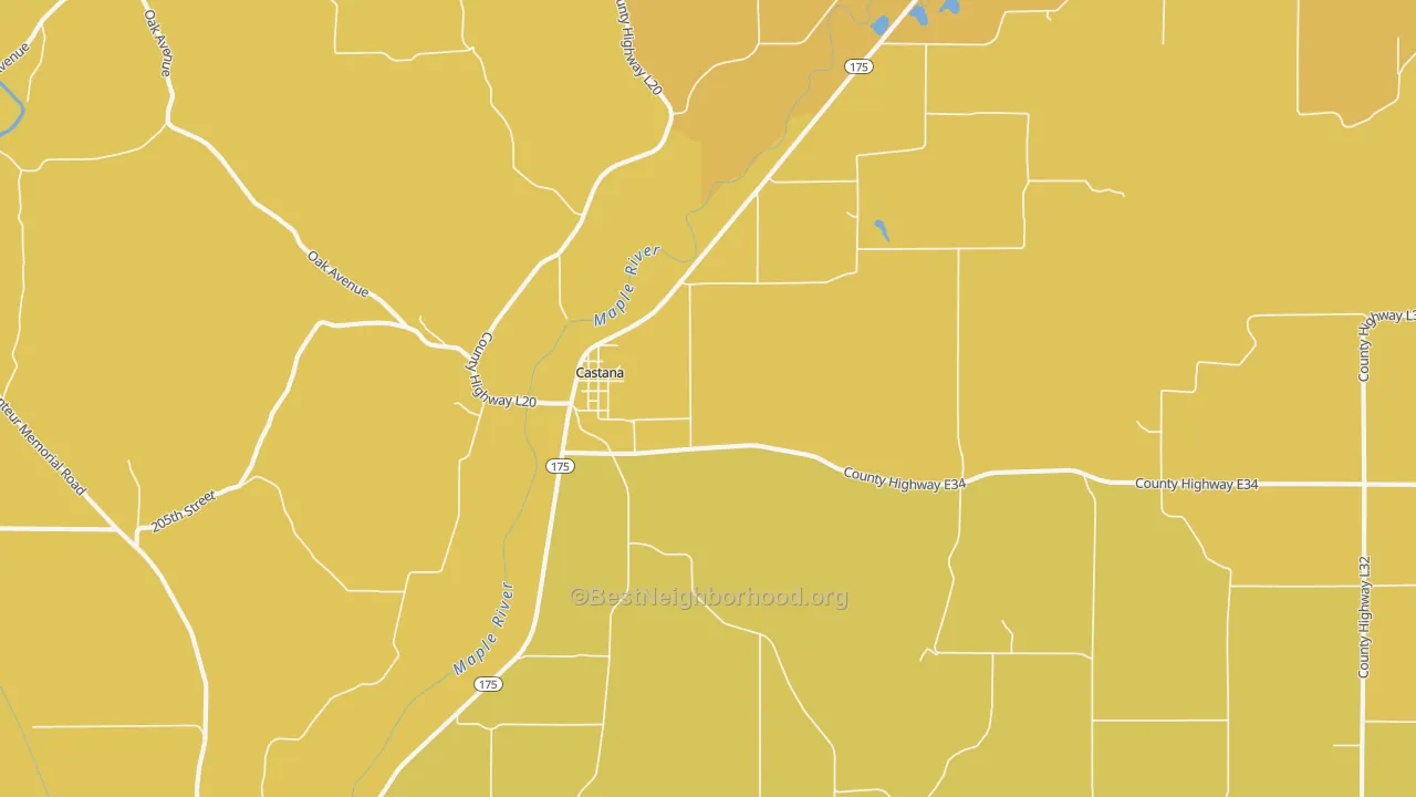 Map of the best neighborhoods in the Castana area, with better matches in green and worse matches in red