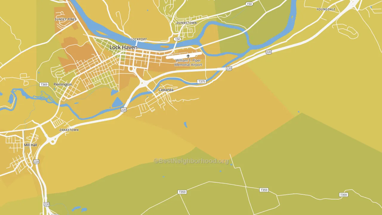 Map of the best neighborhoods in the Castanea area, with better matches in green and worse matches in red