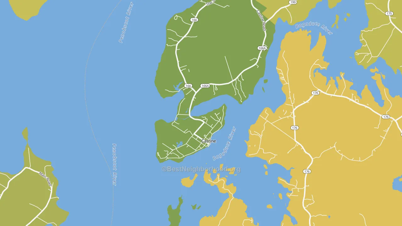 Map of the best neighborhoods in the Castine area, with better matches in green and worse matches in red