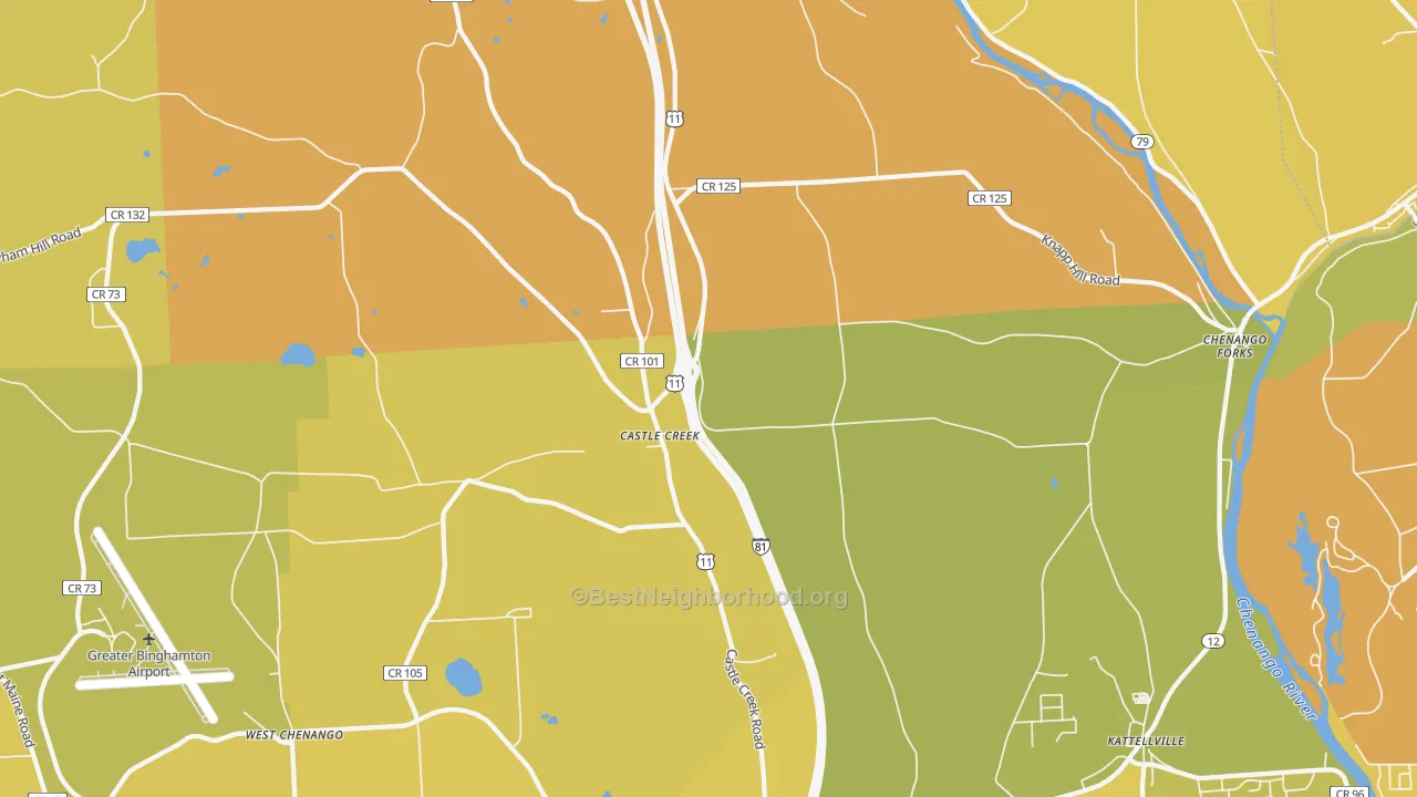 Map of the best neighborhoods in the Castle Creek area, with better matches in green and worse matches in red