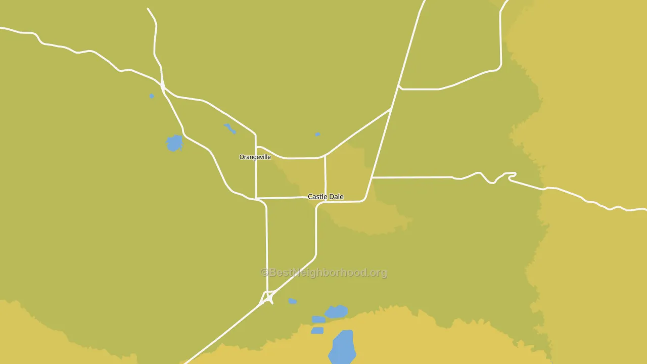 Map of the best neighborhoods in the Castle Dale area, with better matches in green and worse matches in red