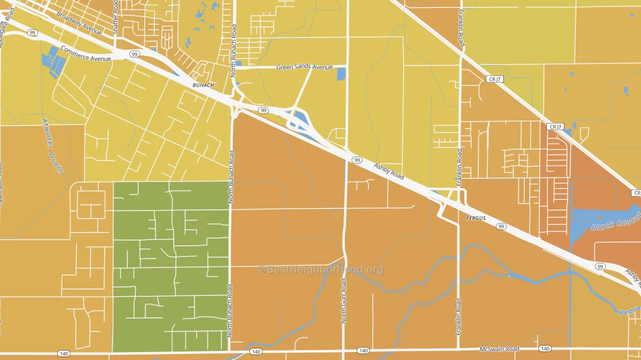 Map of the best neighborhoods in the Castle Garden area, with better matches in green and worse matches in red