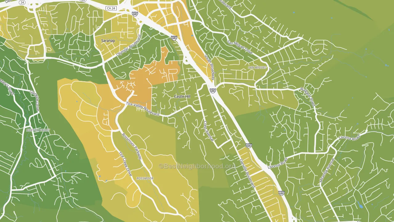Map of the best neighborhoods in the Castle Hill area, with better matches in green and worse matches in red