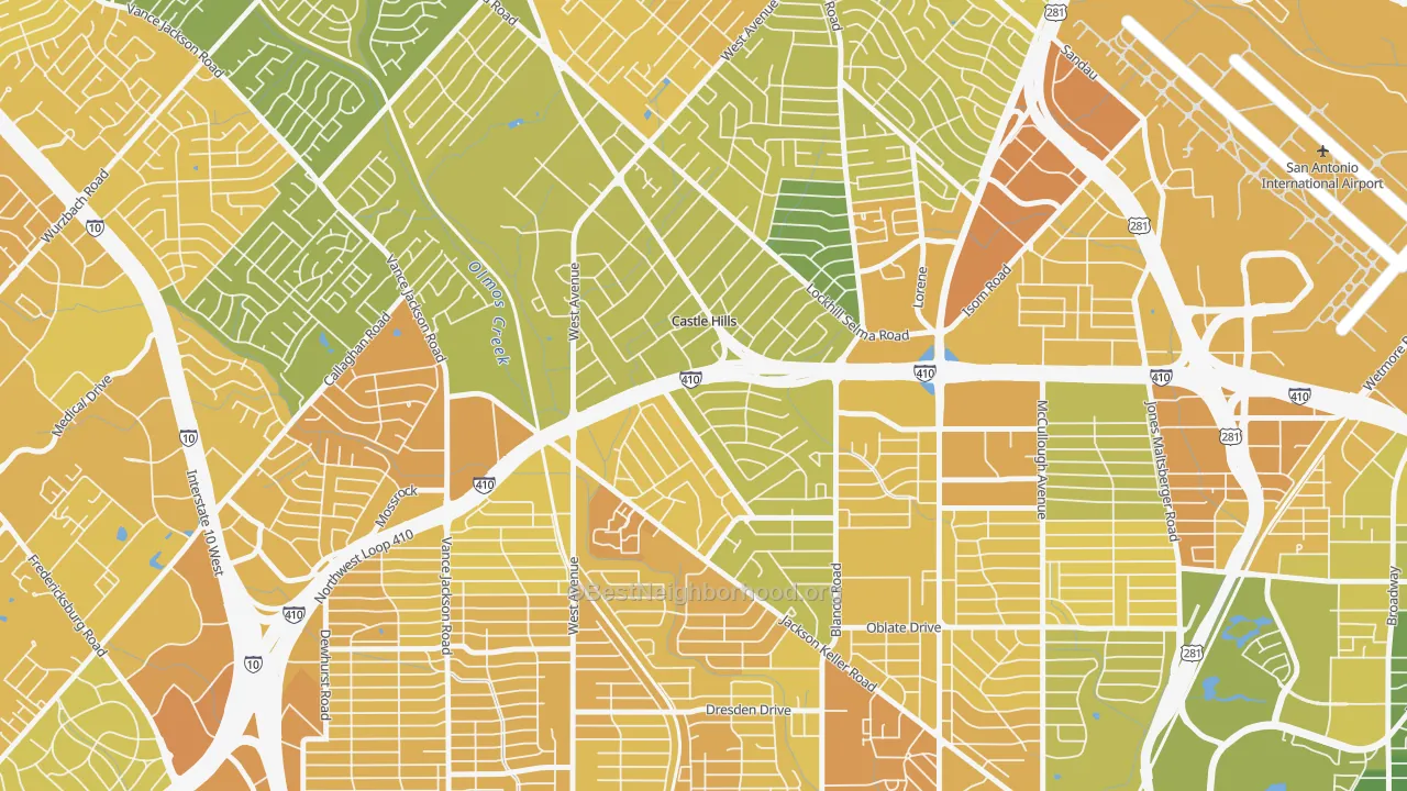 Map of the best neighborhoods in the Castle Hills area, with better matches in green and worse matches in red