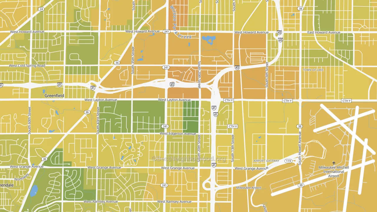 Map of the best neighborhoods in the Castle Manor, Milwaukee area, with better matches in green and worse matches in red