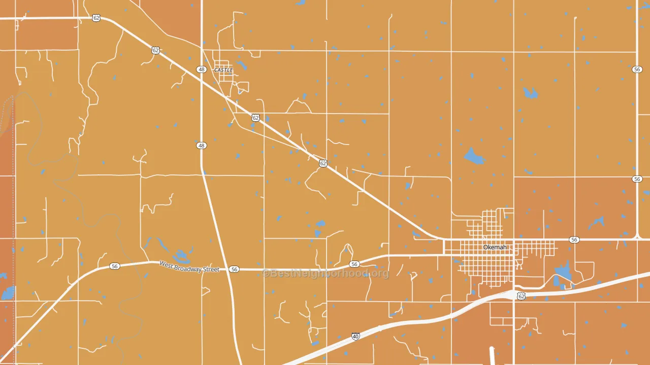 Map of the best neighborhoods in the Castle area, with better matches in green and worse matches in red
