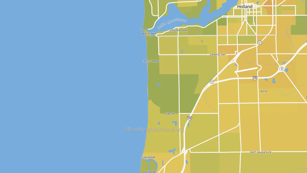 Map of the best neighborhoods in the Castle Park area, with better matches in green and worse matches in red