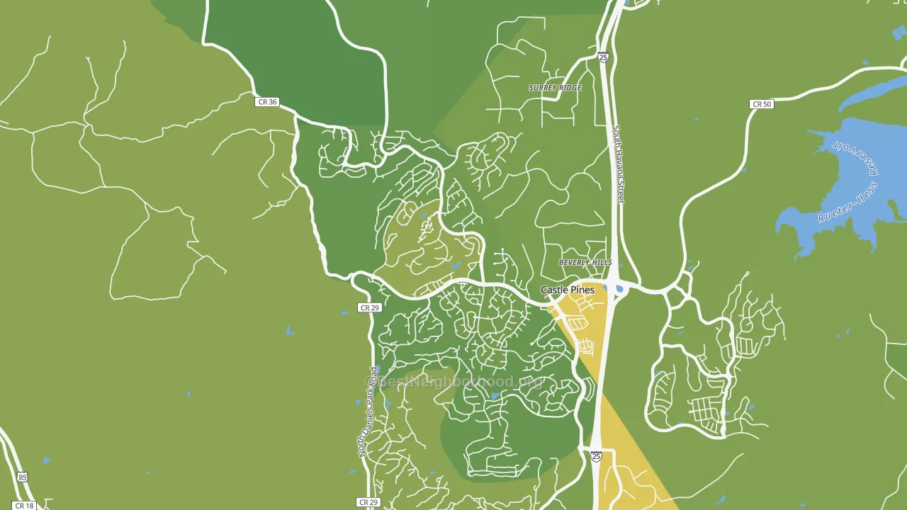 Map of the best neighborhoods in the Castle Pines North area, with better matches in green and worse matches in red