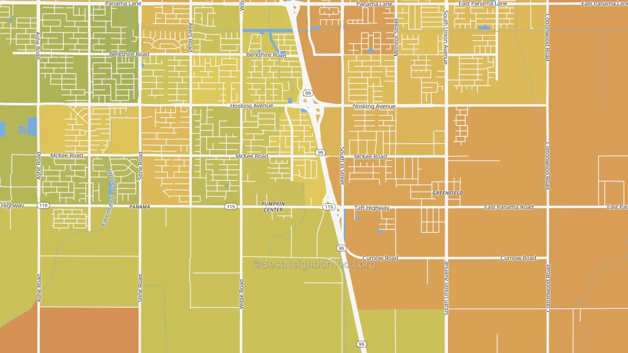 Map of the best neighborhoods in the Castle Ranch, Bakersfield area, with better matches in green and worse matches in red
