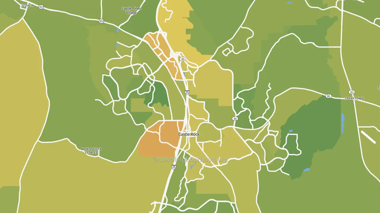 Map of the best neighborhoods in the Castle Rock area, with better matches in green and worse matches in red