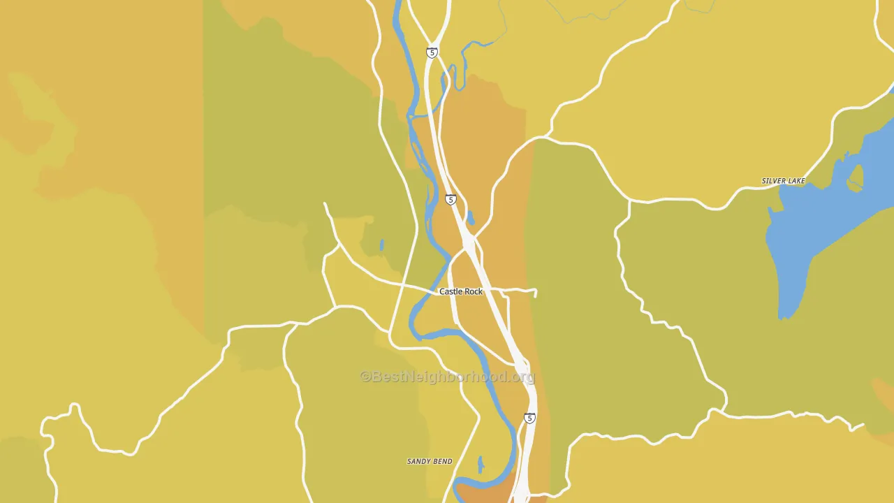 Map of the best neighborhoods in the Castle Rock area, with better matches in green and worse matches in red