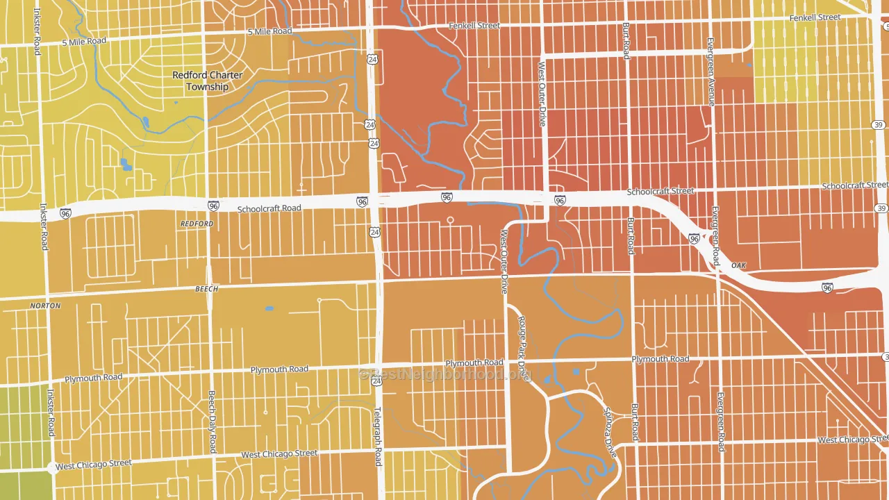 Map of the best neighborhoods in the Castle Rouge, Detroit area, with better matches in green and worse matches in red