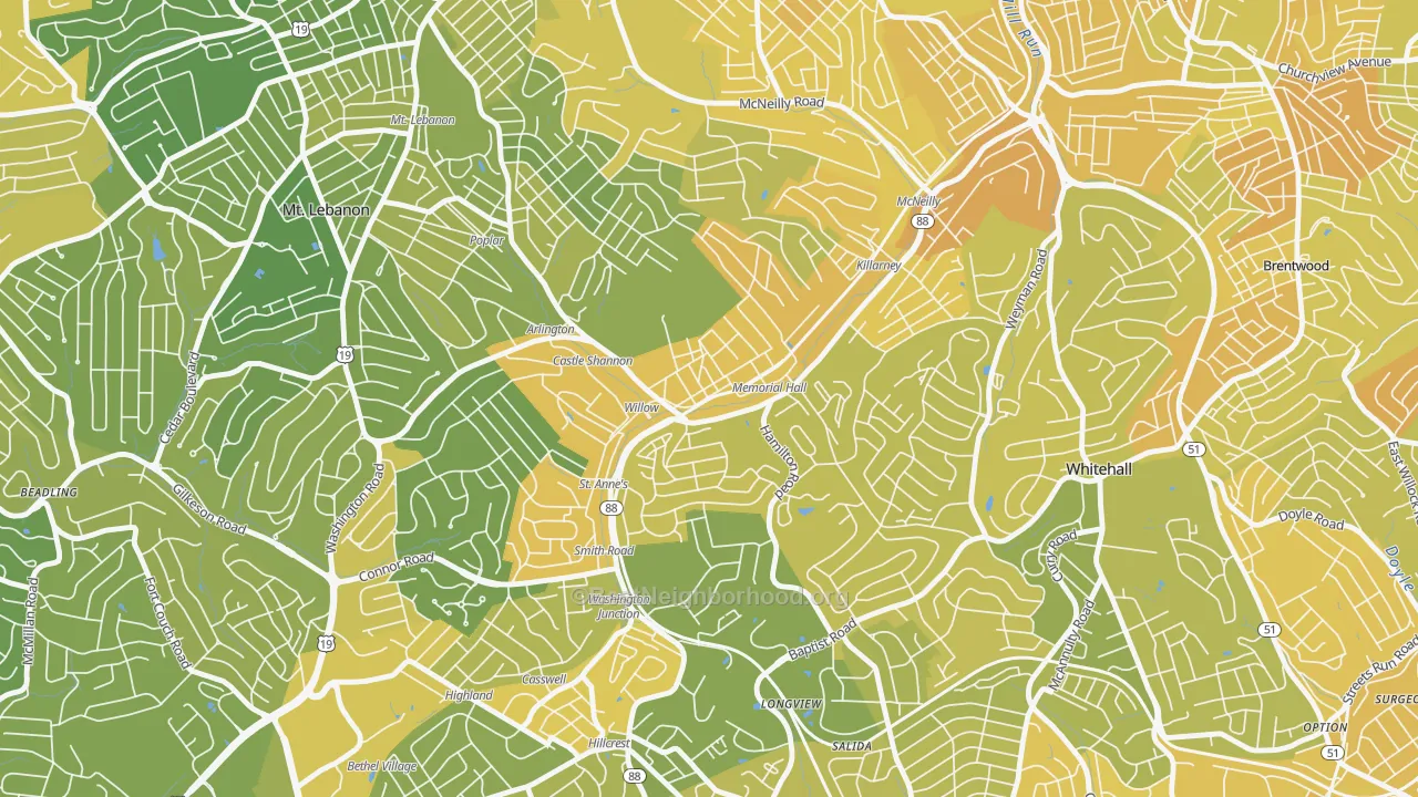 Map of the best neighborhoods in the Castle Shannon area, with better matches in green and worse matches in red