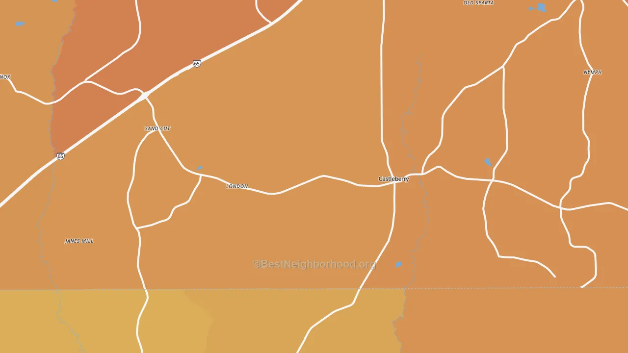 Map of the best neighborhoods in the Castleberry area, with better matches in green and worse matches in red