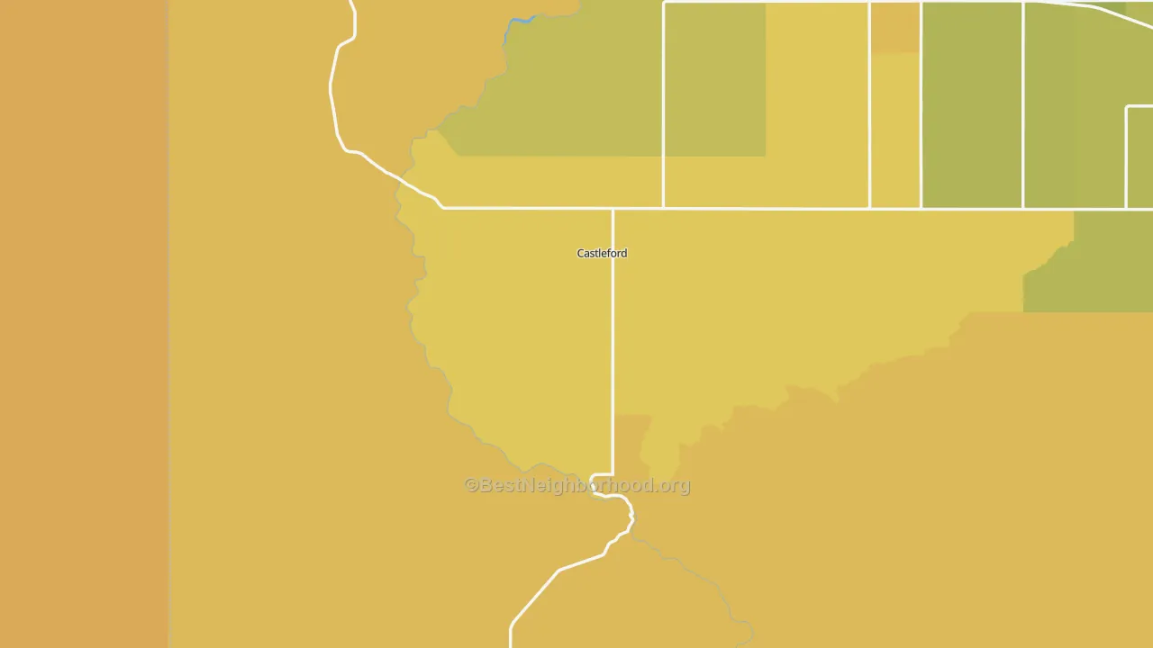Map of the best neighborhoods in the Castleford area, with better matches in green and worse matches in red