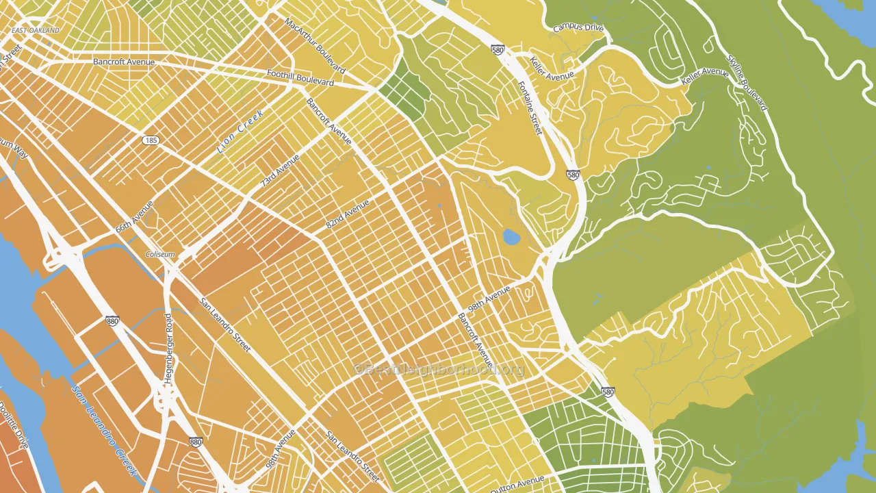 Map of the best neighborhoods in the Castlemont, Oakland area, with better matches in green and worse matches in red