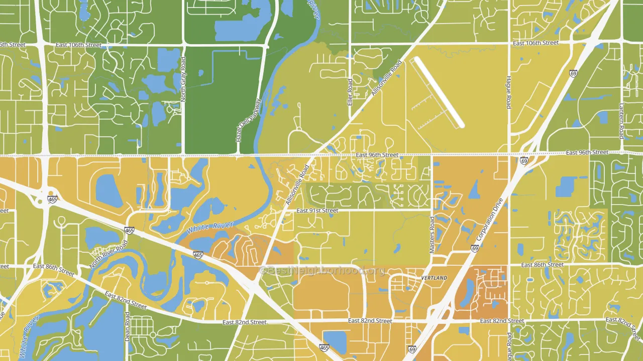 Map of the best neighborhoods in the Castleton, Indianapolis area, with better matches in green and worse matches in red
