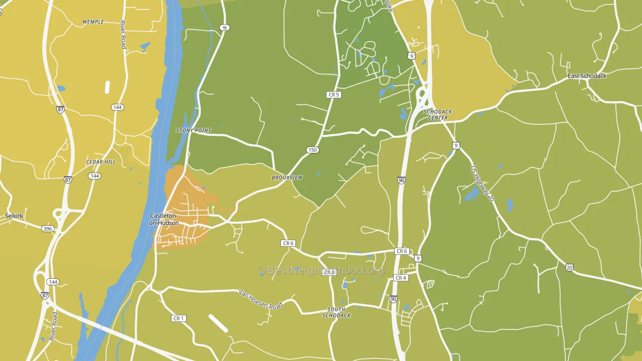 Map of the best neighborhoods in the Castleton On Hudson area, with better matches in green and worse matches in red
