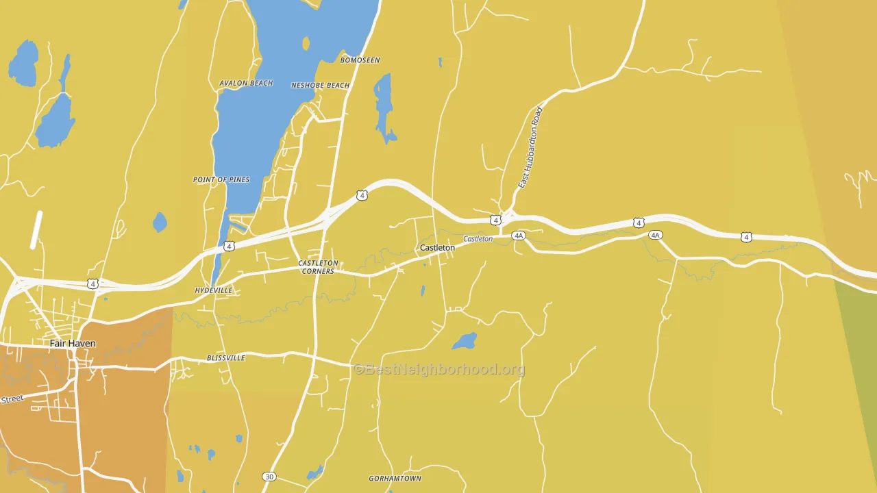 Map of the best neighborhoods in the Castleton area, with better matches in green and worse matches in red