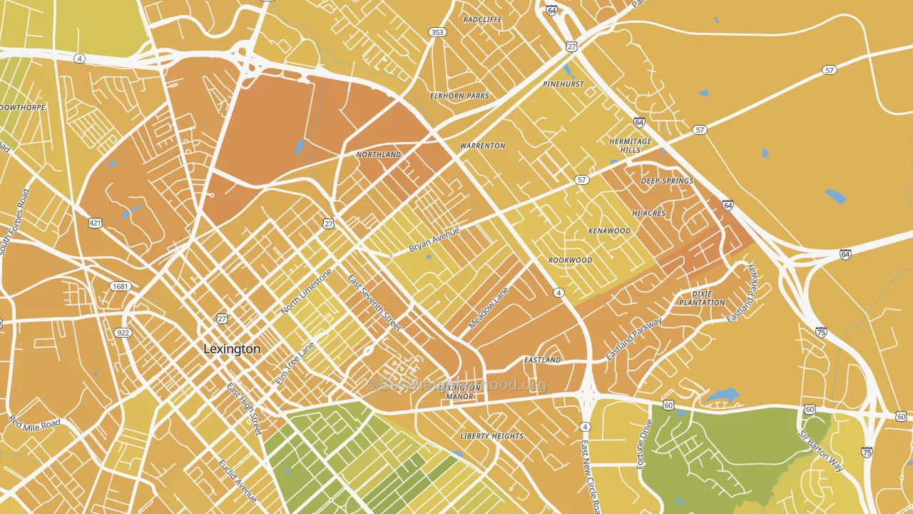 Map of the best neighborhoods in the Castlewood Park, Lexington area, with better matches in green and worse matches in red