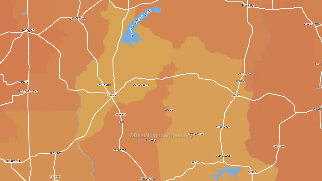 Map of the best neighborhoods in the Castor area, with better matches in green and worse matches in red