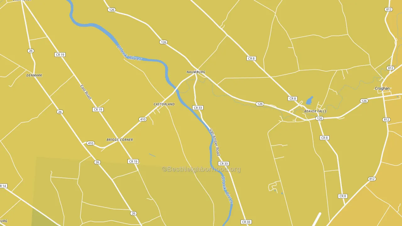 Map of the best neighborhoods in the Castorland area, with better matches in green and worse matches in red