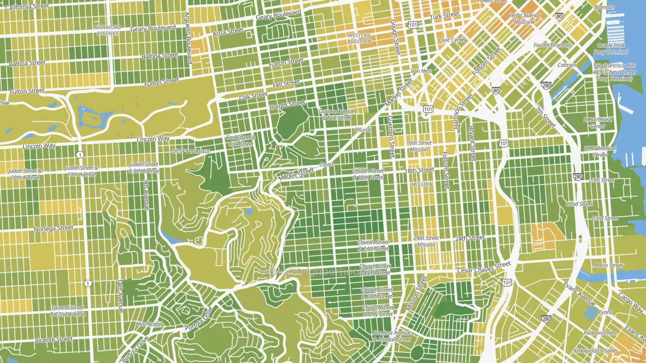 Map of the best neighborhoods in the Castro-Upper Market, San Francisco area, with better matches in green and worse matches in red
