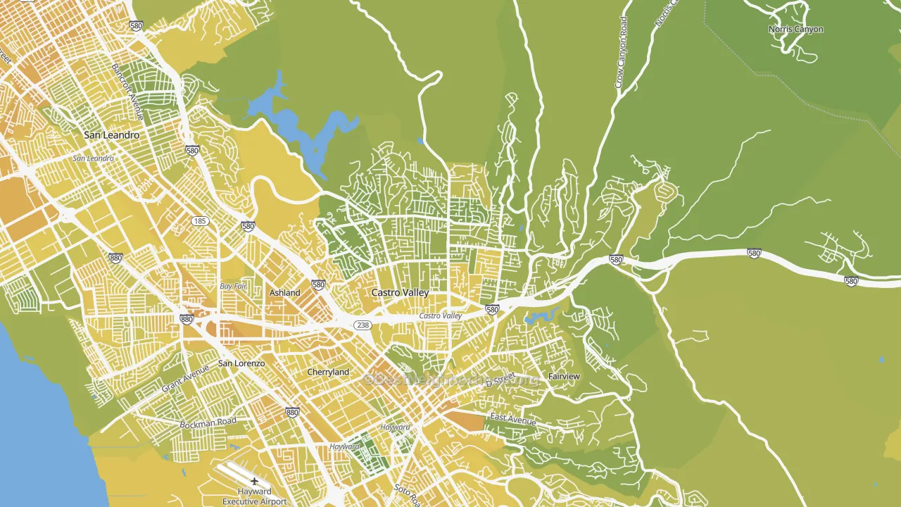 Map of the best neighborhoods in the Castro Valley area, with better matches in green and worse matches in red