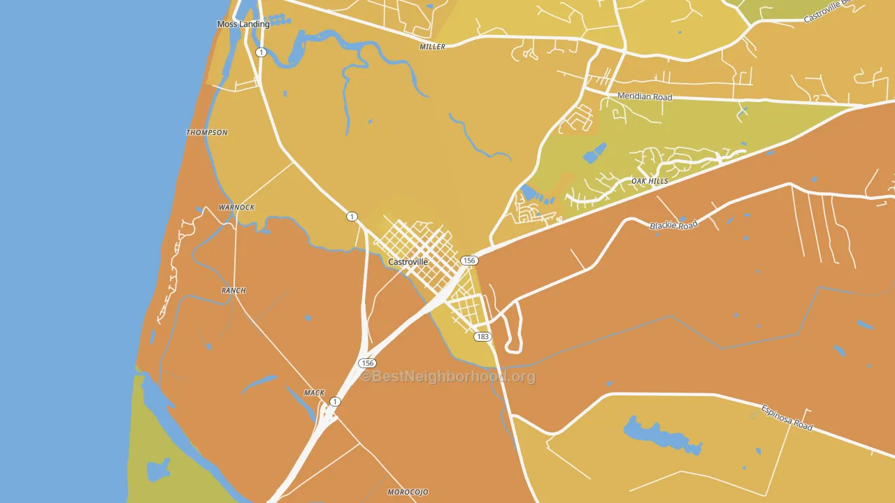 Map of the best neighborhoods in the Castroville area, with better matches in green and worse matches in red