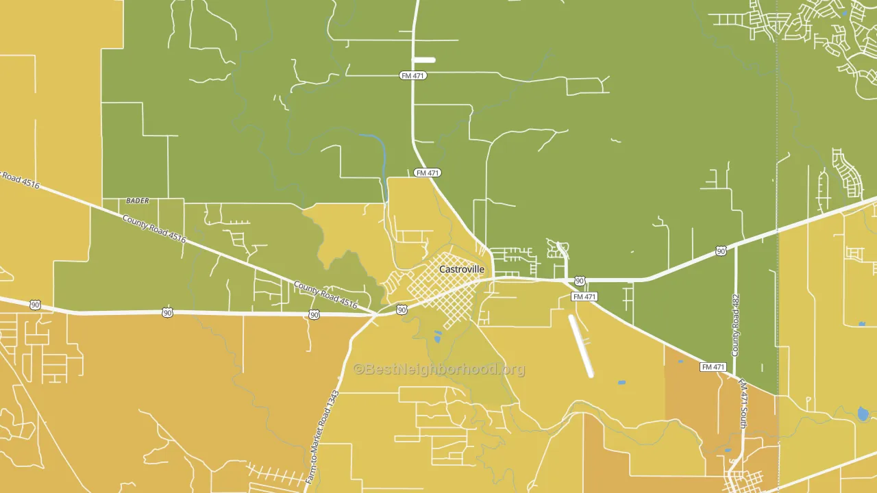 Map of the best neighborhoods in the Castroville area, with better matches in green and worse matches in red