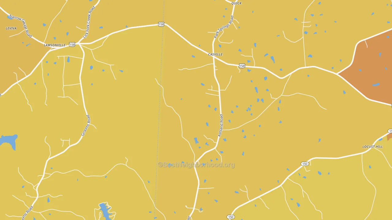 Map of the best neighborhoods in the Casville area, with better matches in green and worse matches in red